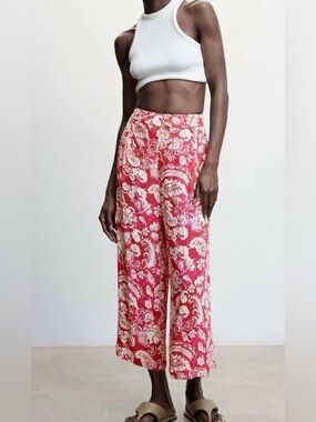 Mango MNG $60 Floral Wide-Leg High Rise Cropped Pants w/ pockets S 100% Viscose